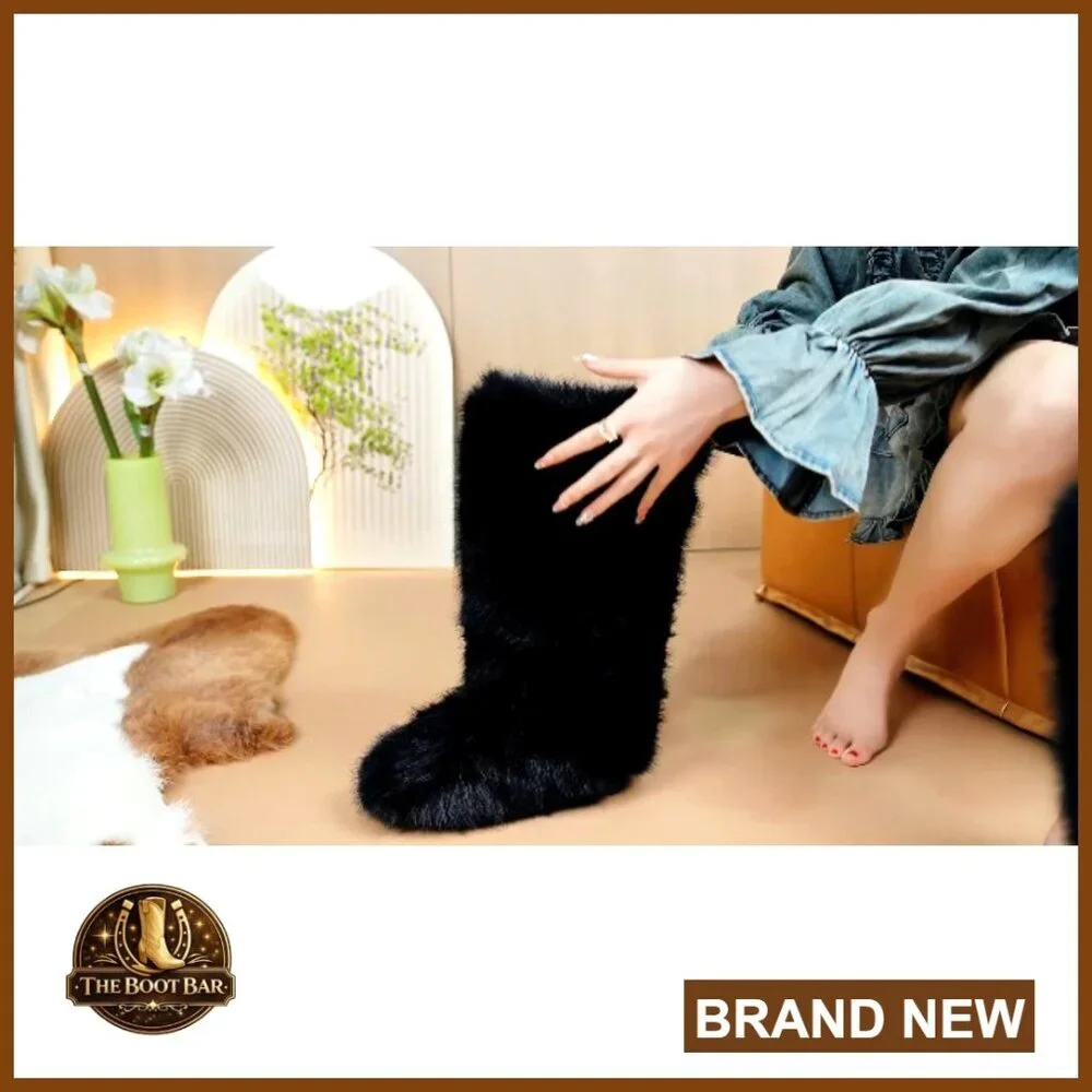 Faux Fur Knee High Snow Boots Y2K Winter Warm Soft Slip On Mid Calf - Picture 7 of 7